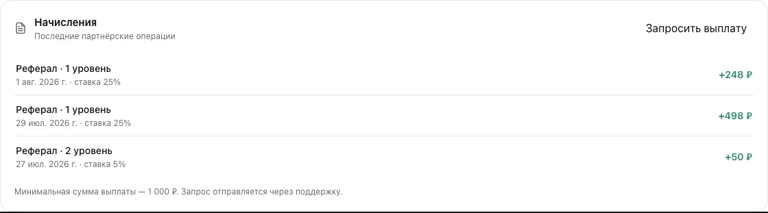 Список начислений и кнопка «Запросить выплату»
