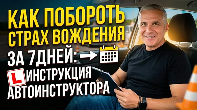 Обложка для видео: инструктор в автомобиле и крупный заголовок