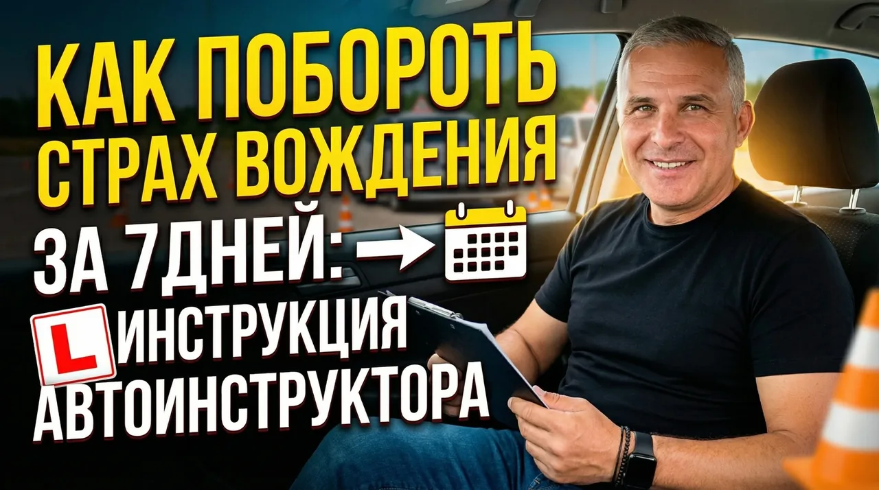 Обложка для видео с крупным русским заголовком и мужчиной в салоне автомобиля