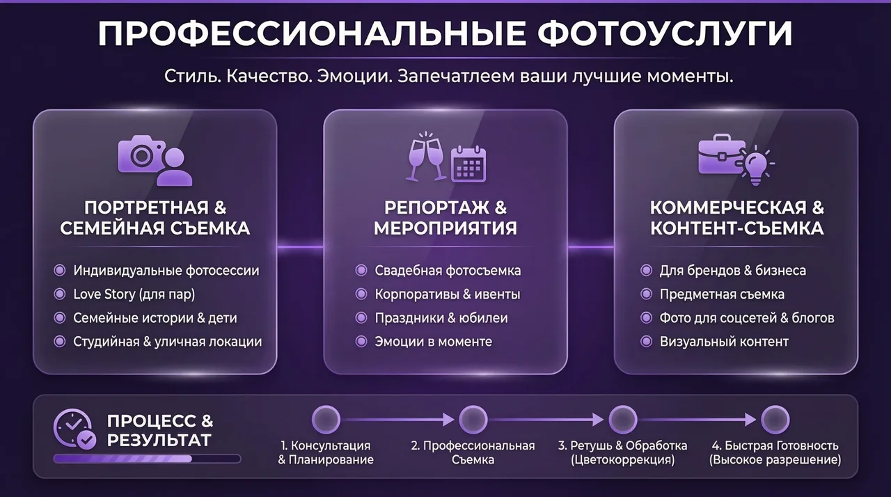 Фиолетовый слайд с заголовком, тремя блоками услуг и схемой процесса