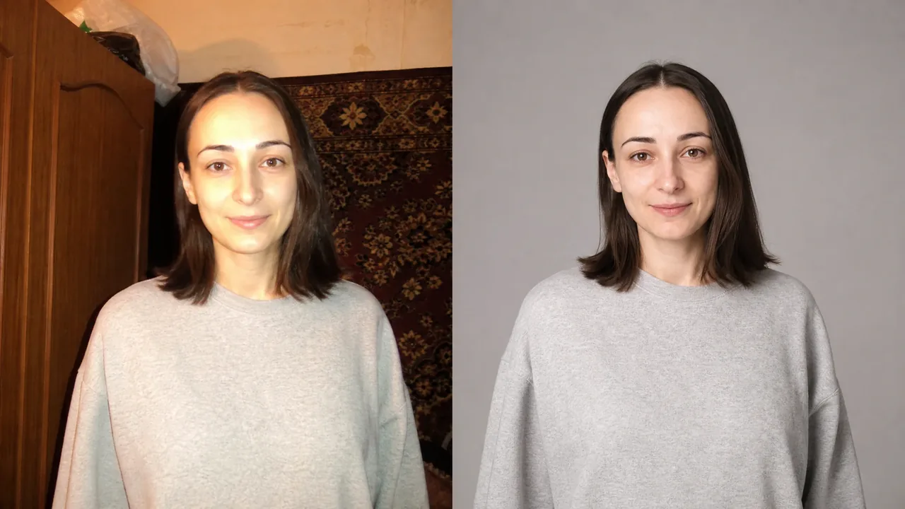 Женщина в комнате при жёлтом свете до обработки и на сером студийном фоне после