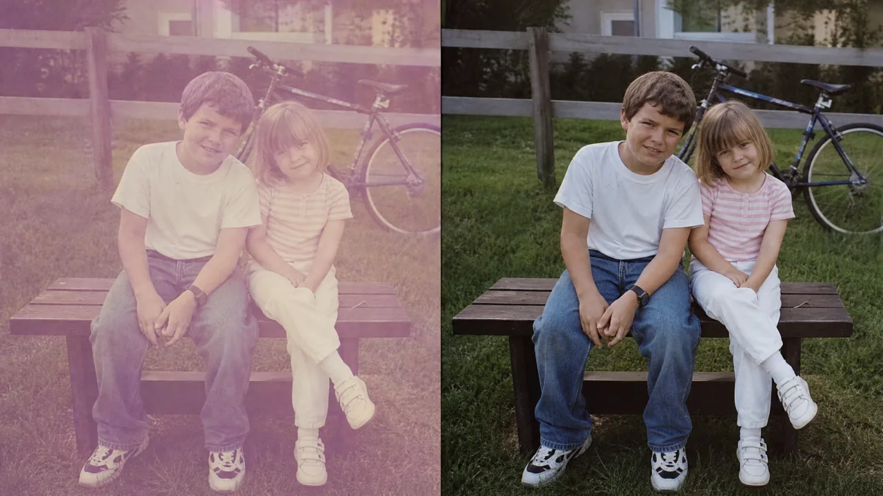 Выцветшая до розово-жёлтого летняя фотография двоих детей на скамейке слева и тот же кадр с восстановленным цветом справа