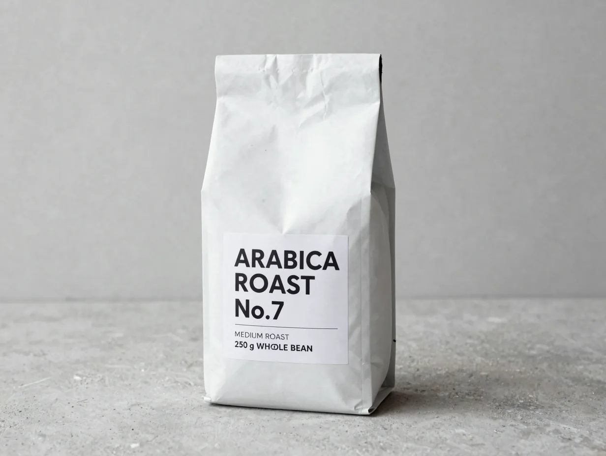 Белая упаковка кофе на светлом бетоне с читаемой этикеткой ARABICA ROAST No.7 — кадр собран в Z-Image по описанию