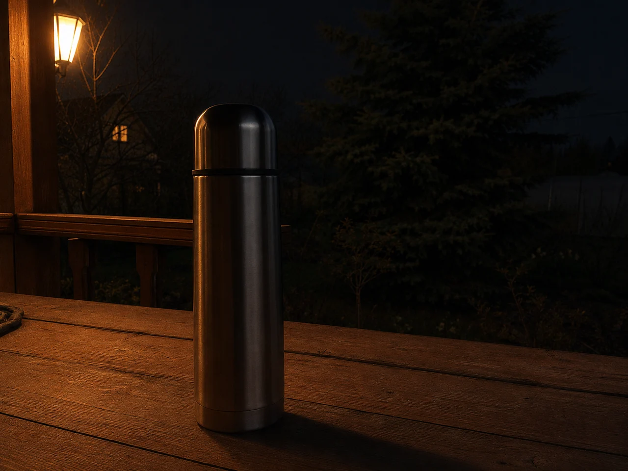 Металлический термос на столе дачной веранды ночью: тёплый свет фонаря и тёмный двор вместо пасмурного дня