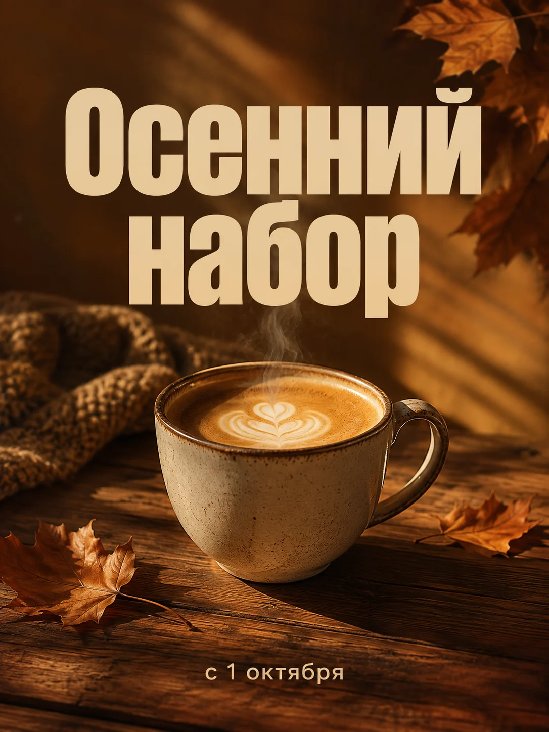 Вертикальный постер: сверху крупная надпись «Осенний набор», в центре чашка кофе на деревянном столе с кленовыми листьями, внизу строка «с 1 октября»