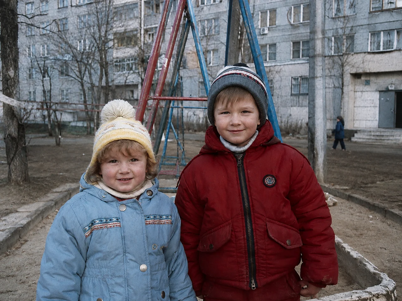 Двое детей во дворе: жёлто-оранжевый налёт выцветшей плёнки убран, белое стало белым, кожа естественной
