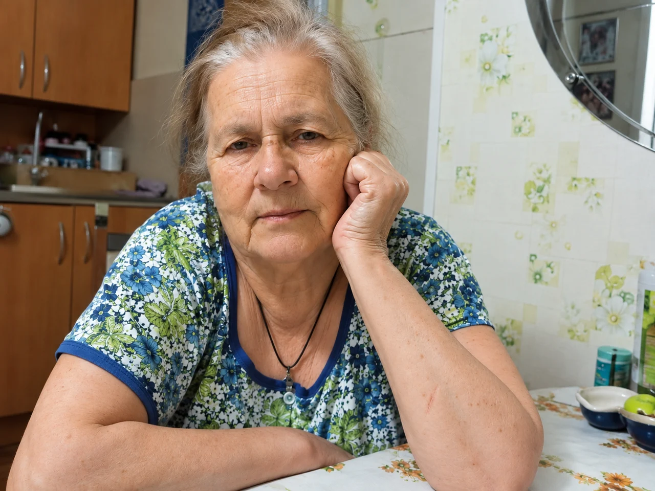 Пожилая женщина за кухонным столом: свет и цвет выправлены, морщины, родинки и выражение лица остались прежними
