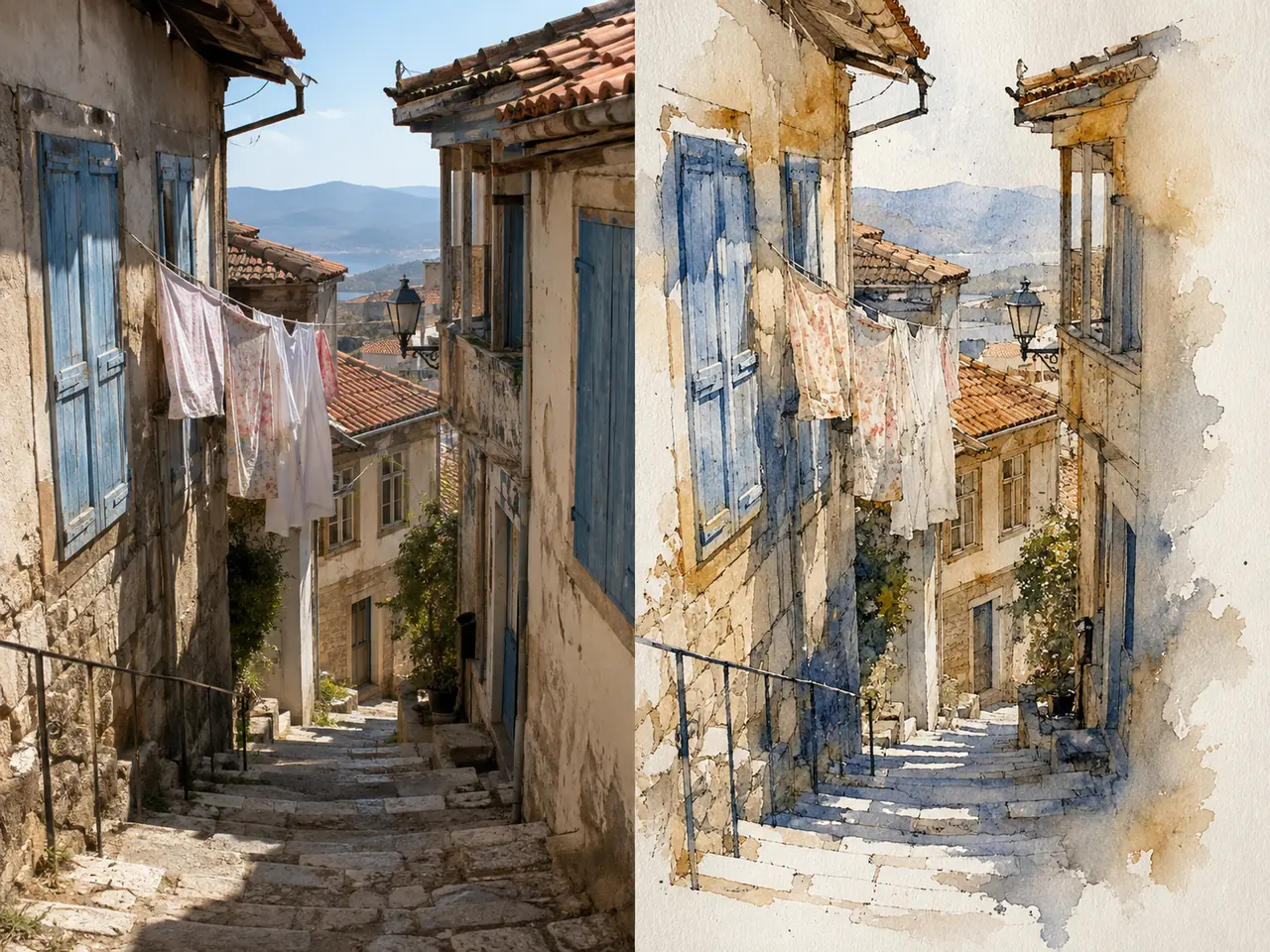 Слева фотография старой улочки с каменной лестницей, голубыми ставнями и бельём на верёвке, справа она же акварелью с прозрачными затёками и незакрашенной бумагой по краям