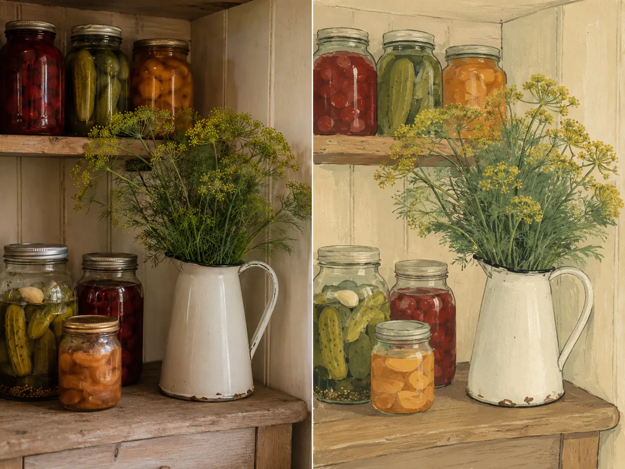 Слева фотография угла кладовой с банками заготовок и укропом в эмалированном кувшине, справа тот же угол мягкой гуашью в манере детской книжной иллюстрации