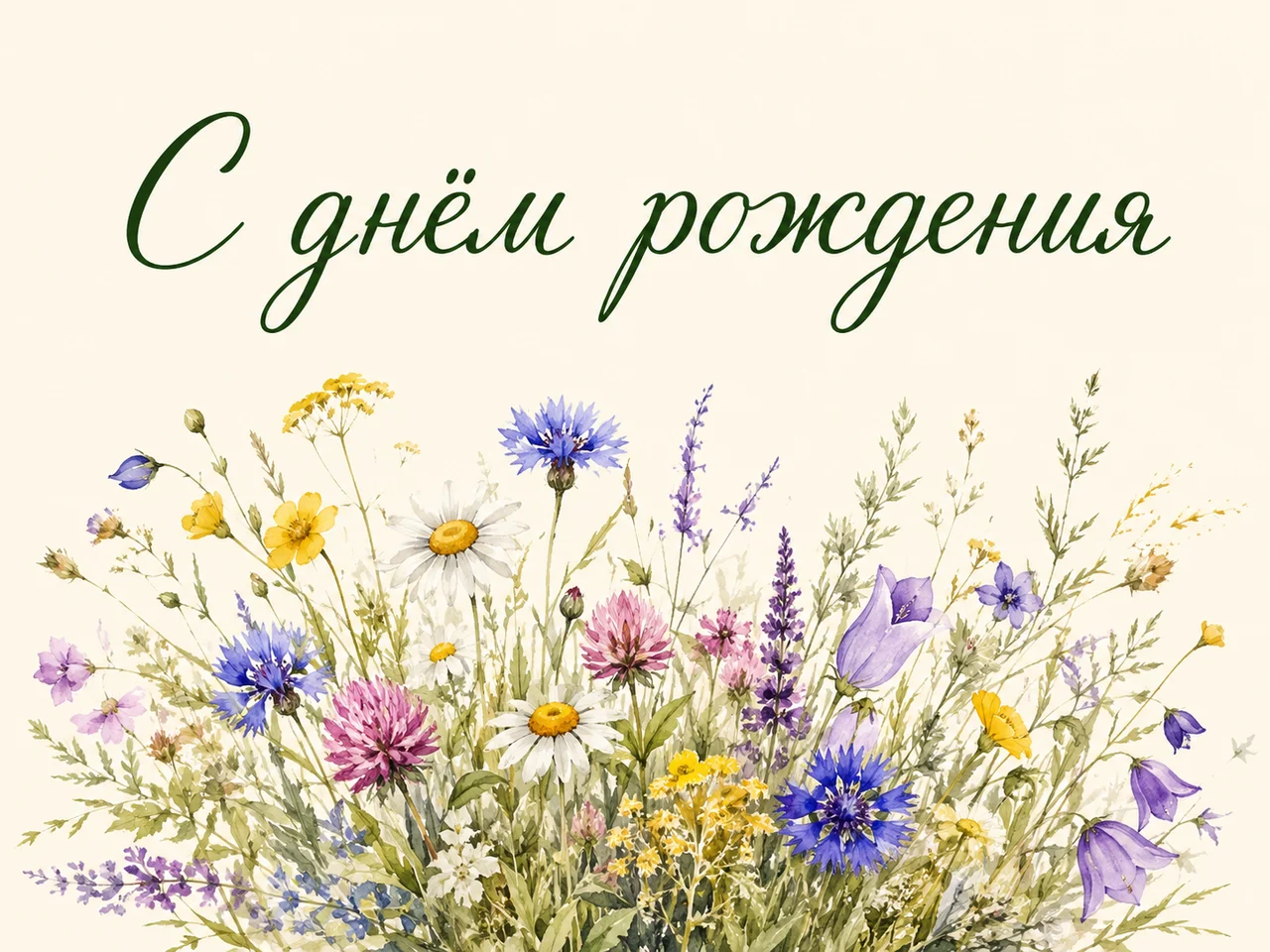 Акварельный букет полевых цветов и рукописная надпись «С днём рождения» тёмно-зелёными буквами над ним
