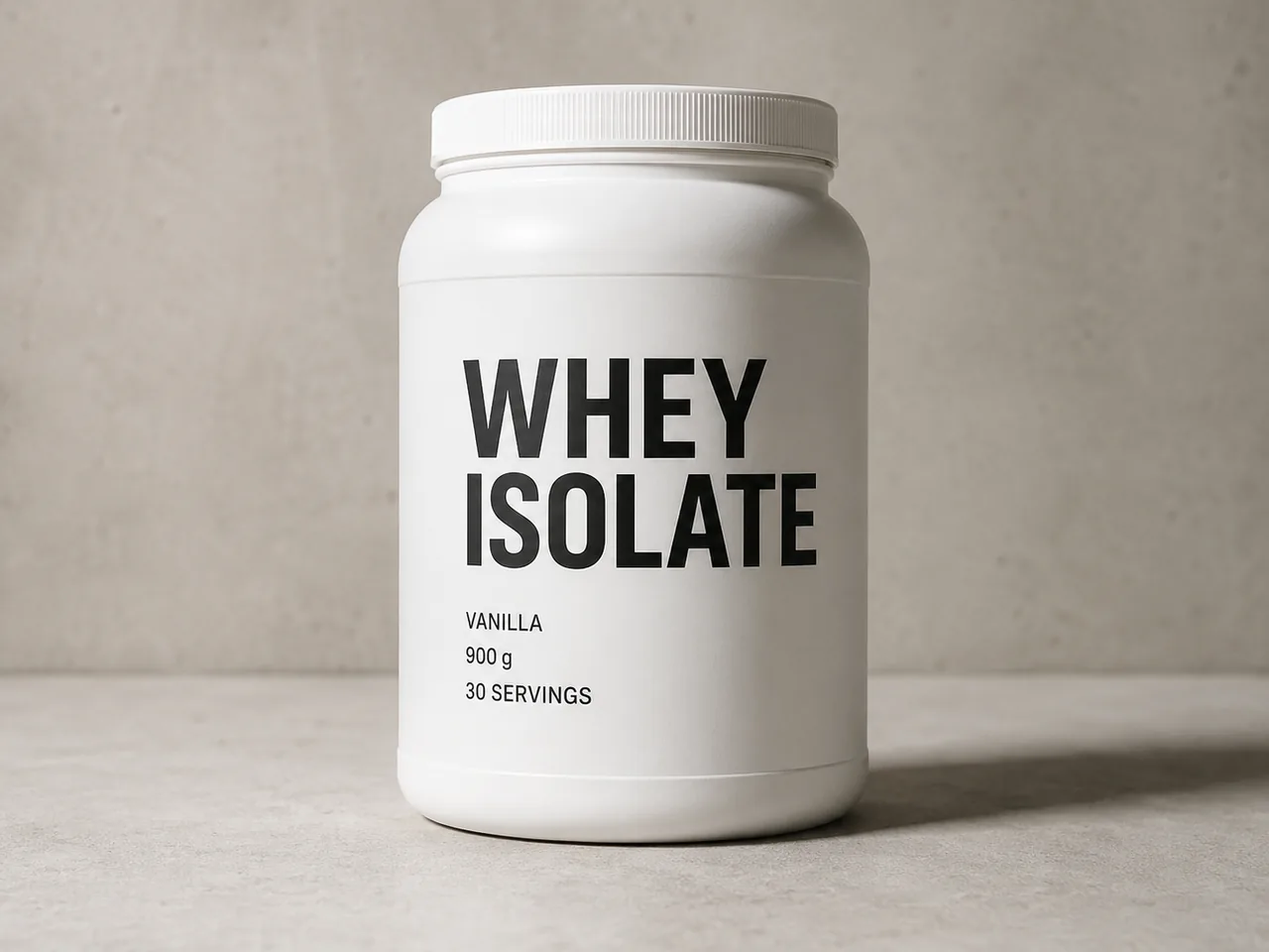 Матовая белая банка спортивного питания на бетоне с крупной надписью WHEY ISOLATE и мелкими строками VANILLA, 900 g, 30 SERVINGS