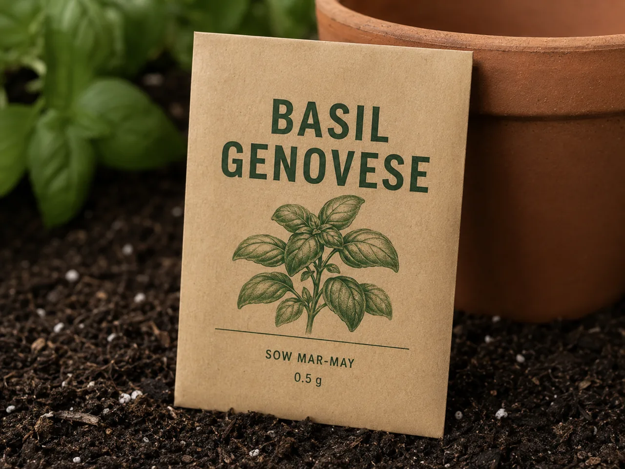 Крафтовый пакетик семян в тёмной земле с надписью BASIL GENOVESE, гравюрным рисунком базилика и мелкими строками SOW MAR-MAY и 0.5 g