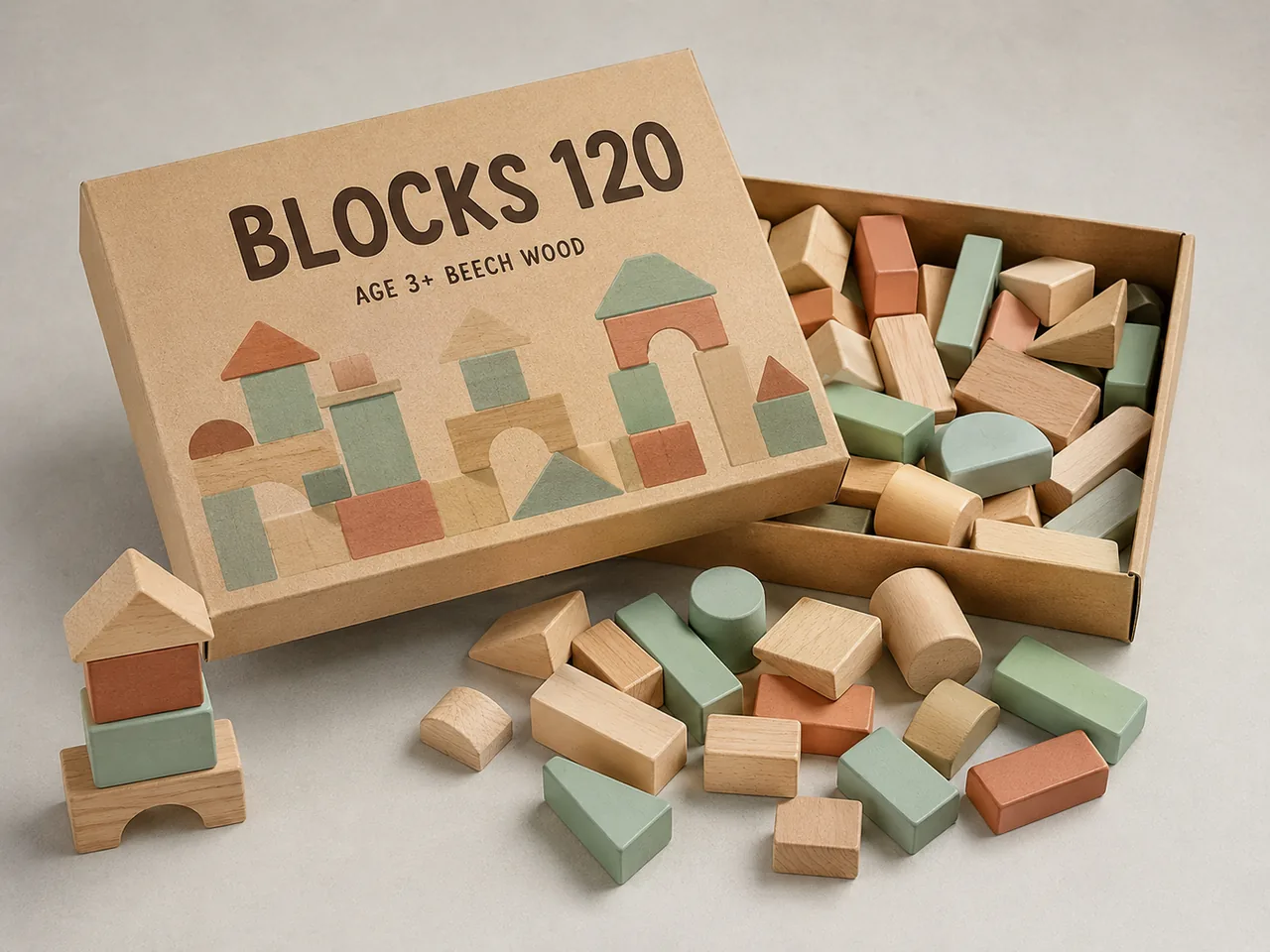 Открытая коробка деревянного конструктора с надписью BLOCKS 120, строкой AGE 3+ BEECH WOOD и рисунком башен на крышке, кубики высыпаются на светлую поверхность