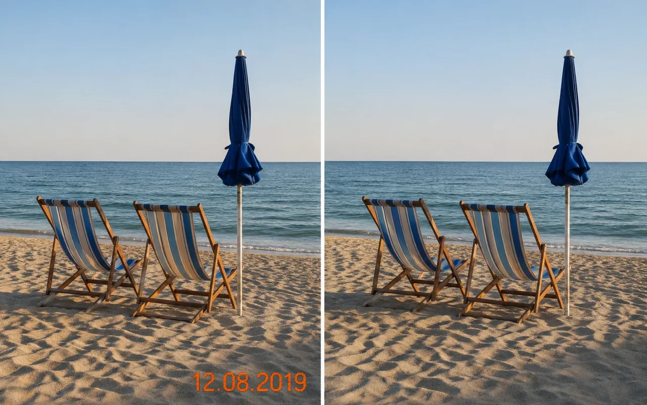 Два шезлонга и зонт на пляже с оранжевым штампом даты 12.08.2019 в правом нижнем углу слева и тот же кадр с чистым песком справа