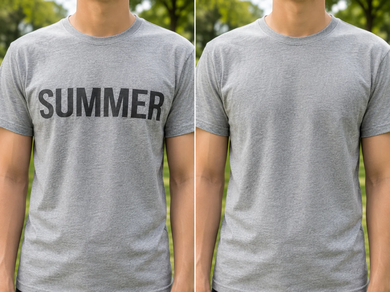 Серая футболка с крупной чёрной надписью SUMMER на груди слева и та же футболка без печати справа